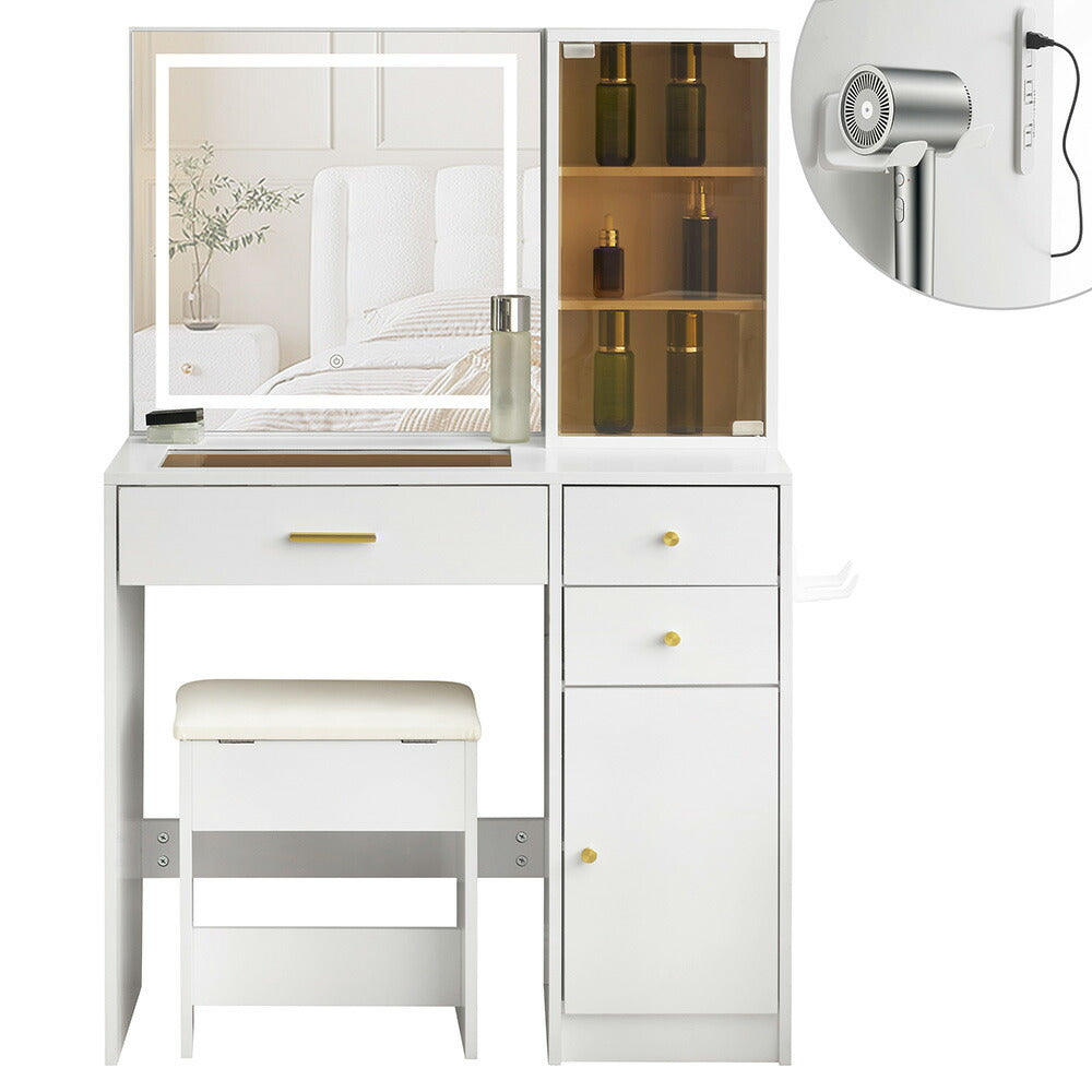 ドレッサー 化粧台 テーブル 鏡台 ライト付き 3色LED ドライヤーホルダー コンセント付き 女優ミラー 引き出し 収納 椅子 スツール付き セット サイド収納 メイク台 木製 幅80cm 白 ホワイト 高級感 おしゃれ シンプル プレゼント 大容量 可愛い