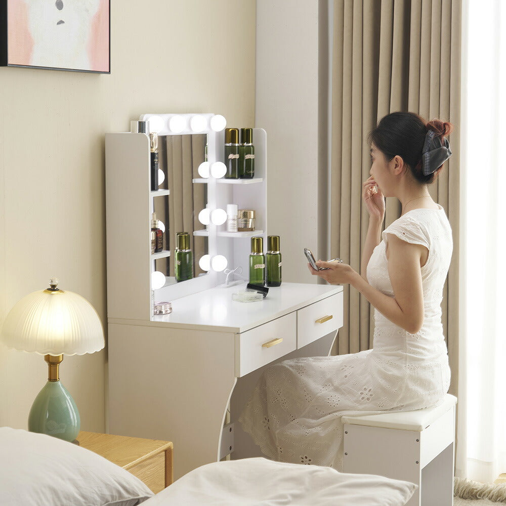 ドレッサー 化粧台 テーブル 鏡台 ライト付き 3色LED ドライヤーホルダー コンセント付き 女優ミラー 引き出し 収納 椅子 セット サイド収納 メイク台 ホワイト 85CM 化粧品収納 シンプル 大容量 可愛い 北欧 コンパクト