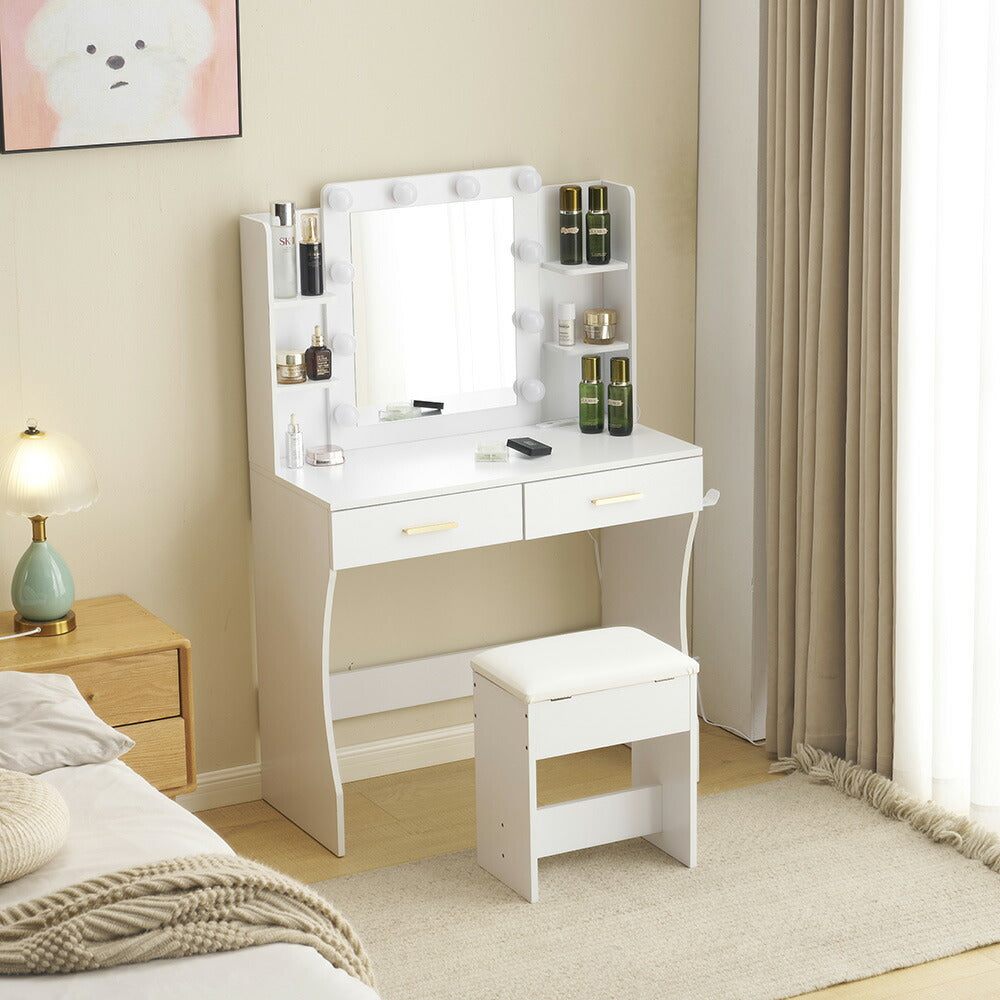 ドレッサー 化粧台 テーブル 鏡台 ライト付き 3色LED ドライヤーホルダー コンセント付き 女優ミラー 引き出し 収納 椅子 セット サイド収納 メイク台 ホワイト 85CM 化粧品収納 シンプル 大容量 可愛い 北欧 コンパクト