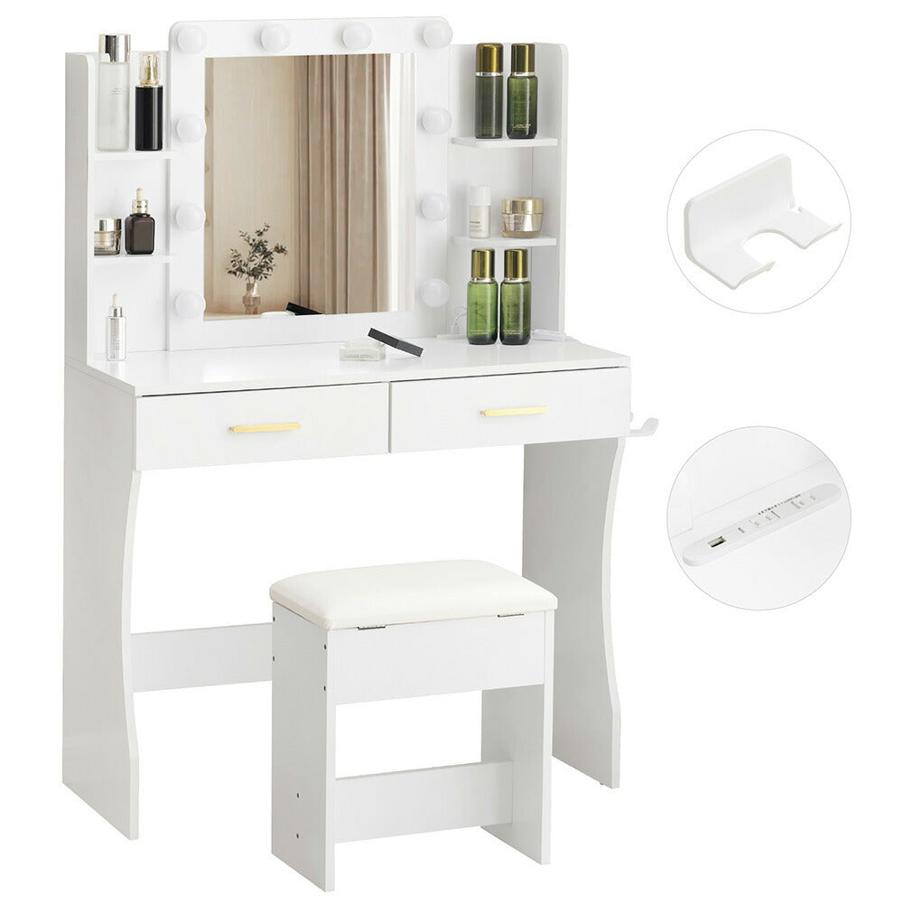 ドレッサー 化粧台 テーブル 鏡台 ライト付き 3色LED ドライヤーホルダー コンセント付き 女優ミラー 引き出し 収納 椅子 セット サイド収納 メイク台 ホワイト 85CM 化粧品収納 シンプル 大容量 可愛い 北欧 コンパクト