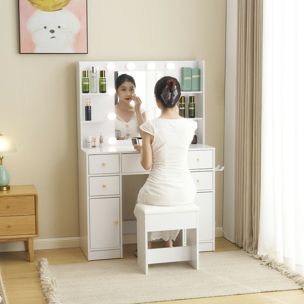ドレッサー 鏡台 化粧台 テーブル ドレッサーテーブル 化粧テーブル 化粧品収納 卓上 メイク台 鏡 ミラー コンセント付き ライト付き 3色LED 女優ミラー 引き出し 収納 椅子 スツール付き セット サイド収納 メイク台 シンプル 幅90CM 大容量 高級感 可愛い