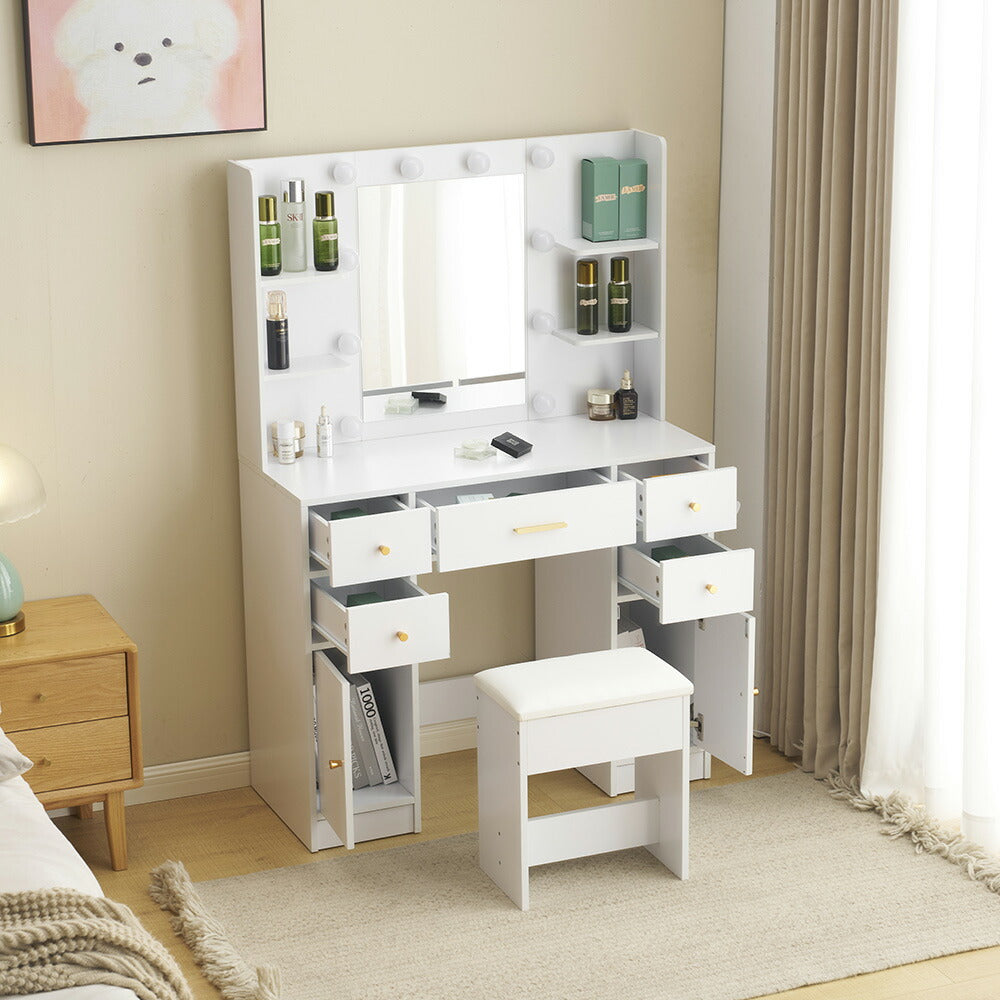 ドレッサー 鏡台 化粧台 テーブル ドレッサーテーブル 化粧テーブル 化粧品収納 卓上 メイク台 鏡 ミラー コンセント付き ライト付き 3色LED 女優ミラー 引き出し 収納 椅子 スツール付き セット サイド収納 メイク台 シンプル 幅90CM 大容量 高級感 可愛い