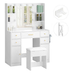 ドレッサー 鏡台 化粧台 テーブル ドレッサーテーブル 化粧テーブル 化粧品収納 卓上 メイク台 鏡 ミラー コンセント付き ライト付き 3色LED 女優ミラー 引き出し 収納 椅子 スツール付き セット サイド収納 メイク台 シンプル 幅90CM 大容量 高級感 可愛い