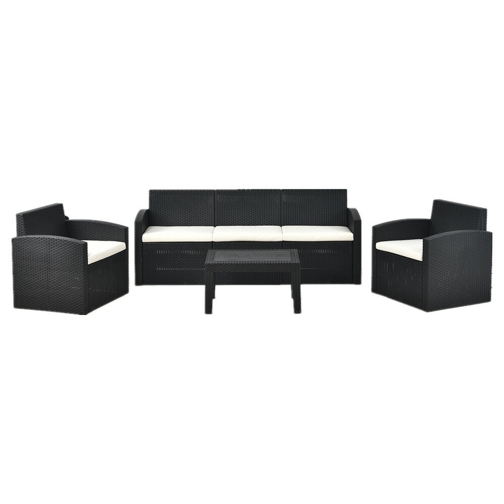 ガーデンファニチャー 4点セット 5人掛け ソファセット ラタン調 ガーデンテーブル付き クッション付き PEラタン 防水 耐候性 工具不要 組立簡単 ベランダ テラス 庭 カフェ ホテル 屋外家具 ガーデンソファ 7日内出荷