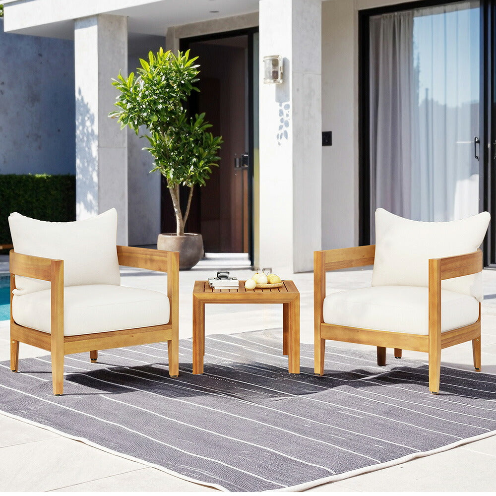 アカシア ガーデンファニチャー 3点セット ガーデンテーブル ガーデンチェア 天然木 無垢材 クッション付き 木製ガーデン家具 テラス ベランダ 庭 カフェ アウトドア 屋外家具 7日内出荷