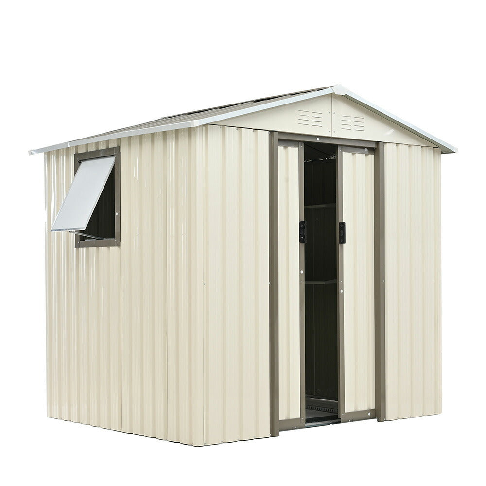 【可動棚&すべり出し窓付き】物置 屋外 スチール 倉庫 床材補強フレーム付き W194×D162×H184cm 大型収納庫 約4132L 引き戸 施錠可能 換気口付き 防さび 防水 人字屋根 屋外物置 ガーデニング 庭 ベランダ収納 スチール物置 グレーホワイト ブルーグレー 7日内出荷