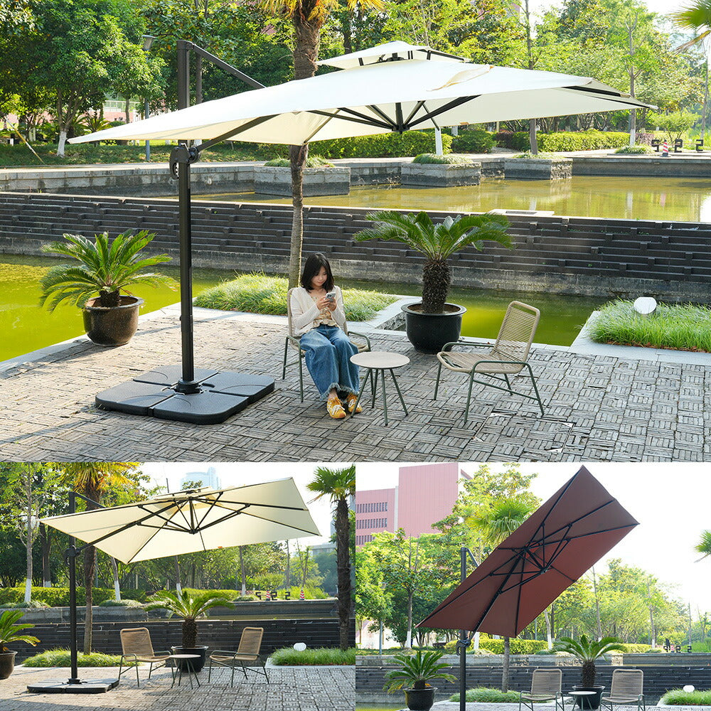 ガーデンパラソル 300cm 長方形大型パラソル 2層通気構造 UPF30+紫外線対策 360度回転 角度高さ調整可能 アルミ製フレーム 専用ベース付き 吊り下げ式パラソル 庭 テラス ビーチ プール アウトドア 商業利用 7日内出荷