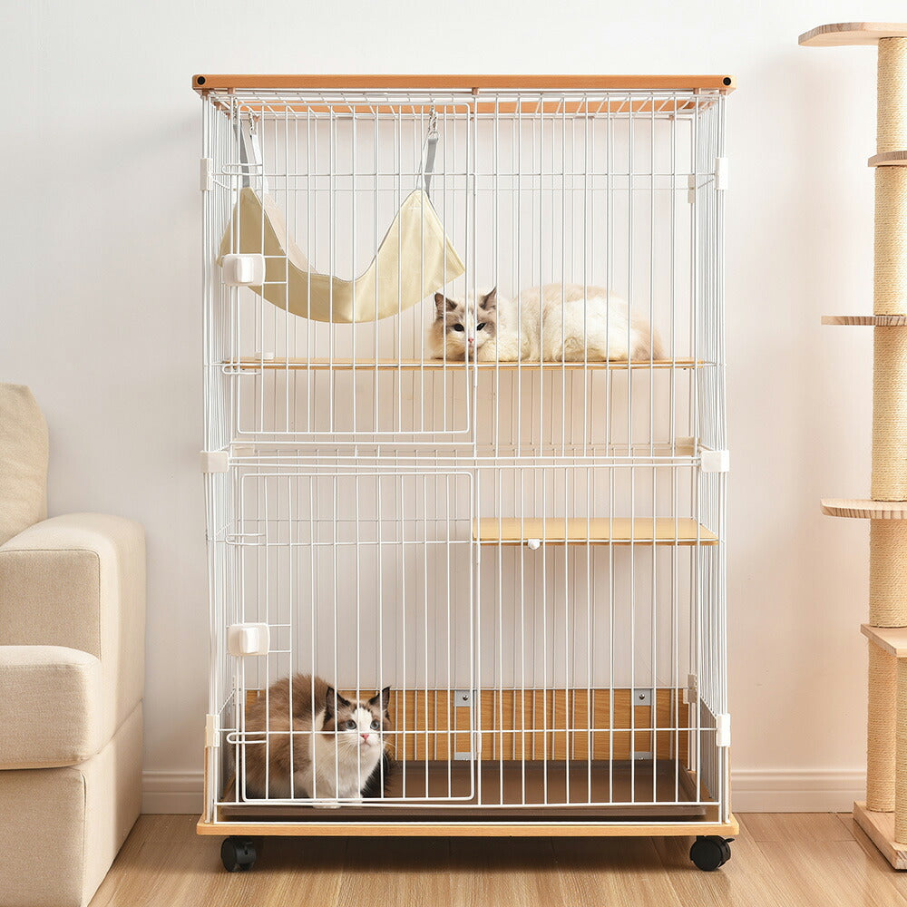 猫 キャットケージ 木製 二段 三段 ナチュラル キャスター付 キャットハウス 留守番 保護 脱走防止 多頭飼い スチール ペット用品 猫用品 7日内出荷