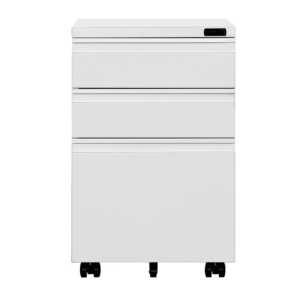 【完成品】デスクワゴン サイドワゴン サイドボード ラック ダイヤル錠 鍵付き キャスター付き 脇机 収納 大容量 3段 キャビネット スチール ホワイト 白 脇机 引き出し付き モダン オフィス デスクサイド