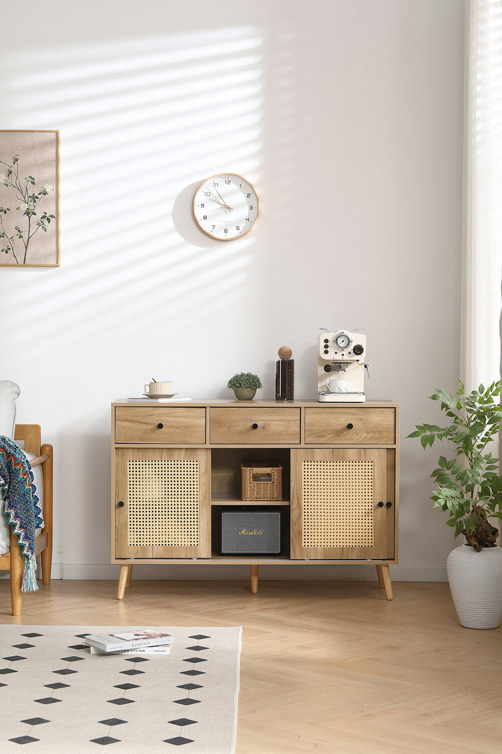 キャビネット サイドボード チェスト 引き出し付き 大容量 収納棚 リビング 収納 ローボード 収納チェスト 幅120 ヴィンテージ 扉付き リビングボード おしゃれ 整理タンス 北欧 木目調 ラタン風 おしゃれ 寝室 キッチン ナチュラル