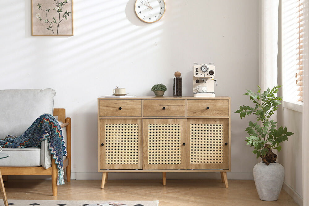 キャビネット サイドボード チェスト 引き出し付き 大容量 収納棚 リビング 収納 ローボード 収納チェスト 幅120 ヴィンテージ 扉付き リビングボード おしゃれ 整理タンス 北欧 木目調 ラタン風 おしゃれ 寝室 キッチン ナチュラル