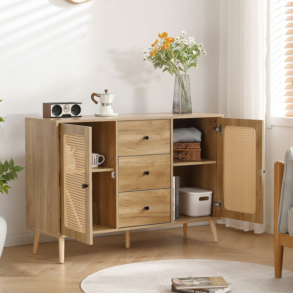 キャビネット サイドボード チェスト 3杯引き出し付き 大容量 収納棚 リビング 収納 ローボード 収納チェスト 幅120 ヴィンテージ 扉付き リビングボード おしゃれ 整理タンス 北欧 木目調 ラタン風 おしゃれ 寝室 キッチン ナチュラル