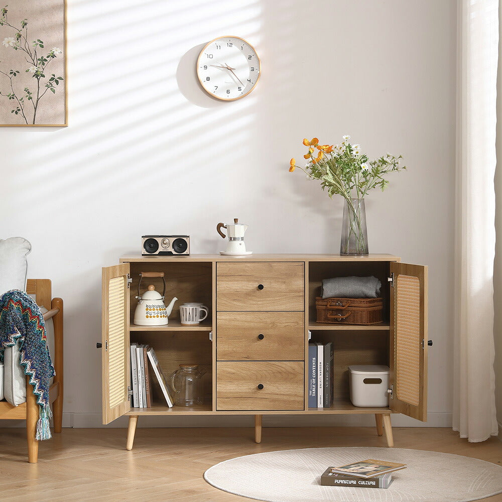 キャビネット サイドボード チェスト 3杯引き出し付き 大容量 収納棚 リビング 収納 ローボード 収納チェスト 幅120 ヴィンテージ 扉付き リビングボード おしゃれ 整理タンス 北欧 木目調 ラタン風 おしゃれ 寝室 キッチン ナチュラル