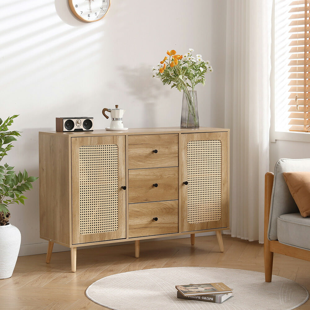 キャビネット サイドボード チェスト 3杯引き出し付き 大容量 収納棚 リビング 収納 ローボード 収納チェスト 幅120 ヴィンテージ 扉付き リビングボード おしゃれ 整理タンス 北欧 木目調 ラタン風 おしゃれ 寝室 キッチン ナチュラル