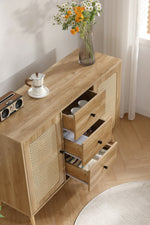 キャビネット サイドボード チェスト 3杯引き出し付き 大容量 収納棚 リビング 収納 ローボード 収納チェスト 幅120 ヴィンテージ 扉付き リビングボード おしゃれ 整理タンス 北欧 木目調 ラタン風 おしゃれ 寝室 キッチン ナチュラル