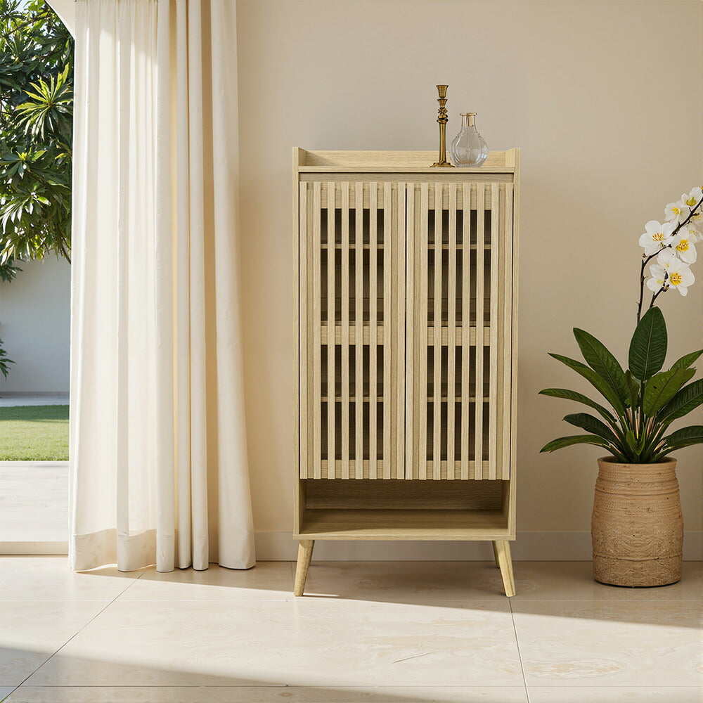 キャビネット サイドボード チェスト 木製 おしゃれ 扉付き 可動棚 縦格子扉 幅60cm 奥行39cm 高さ120cm 大容量 リビング ヴィンテージ 北欧 木目調 ウッド 家具 玄関 寝室 ナチュラル オーク色 7日内出荷