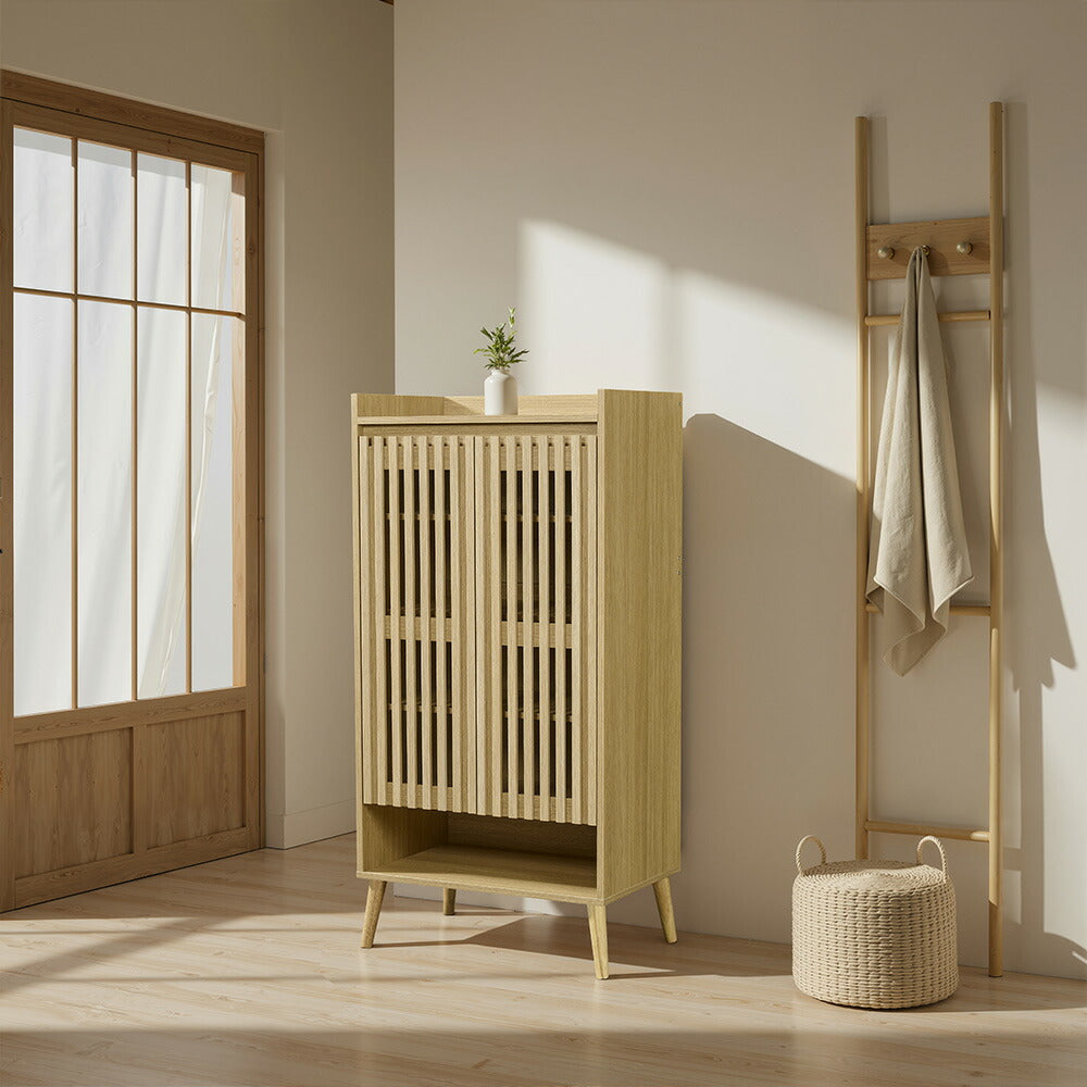 キャビネット サイドボード チェスト 木製 おしゃれ 扉付き 可動棚 縦格子扉 幅60cm 奥行39cm 高さ120cm 大容量 リビング ヴィンテージ 北欧 木目調 ウッド 家具 玄関 寝室 ナチュラル オーク色 7日内出荷