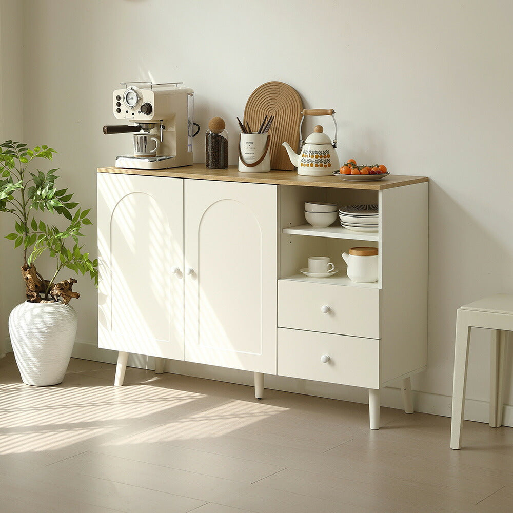 キャビネット サイドボード チェスト 引き出し付き ホワイト アイボリー 白 大容量 収納棚 リビング 収納 モダン 扉付き リビングボード オープン おしゃれ 整理タンス 北欧 韓国風 おしゃれ 寝室 子供部屋 幅118cm 奥行35cm 高さ82cm 2Way仕様天板 可愛い
