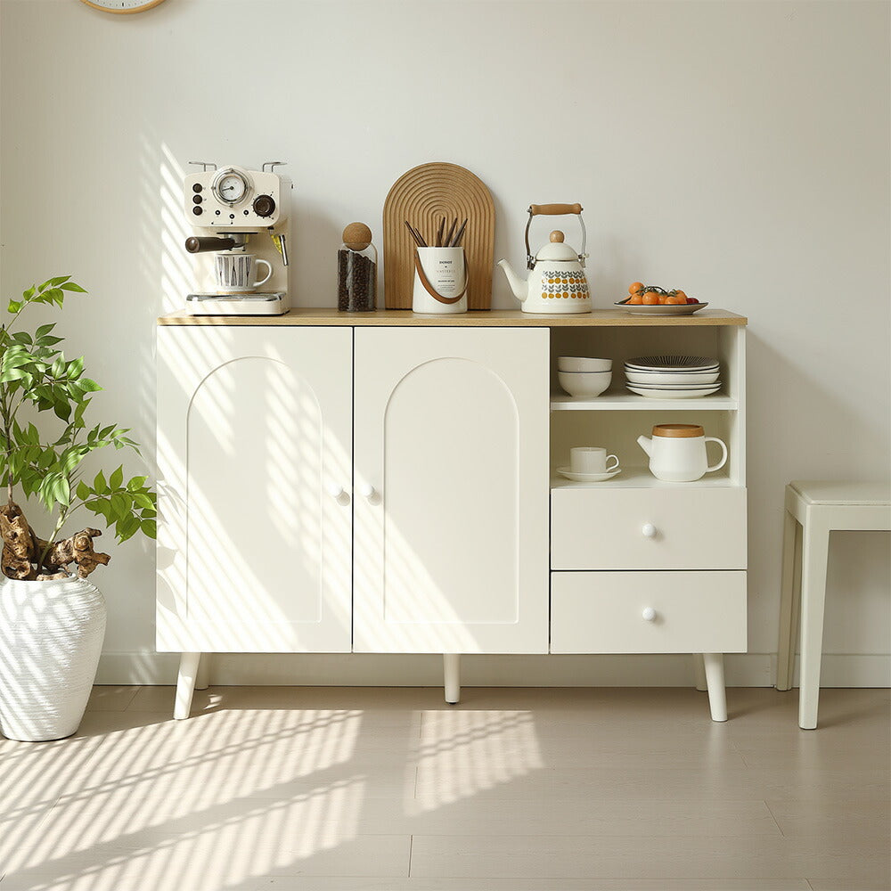 キャビネット サイドボード チェスト 引き出し付き ホワイト アイボリー 白 大容量 収納棚 リビング 収納 モダン 扉付き リビングボード オープン おしゃれ 整理タンス 北欧 韓国風 おしゃれ 寝室 子供部屋 幅118cm 奥行35cm 高さ82cm 2Way仕様天板 可愛い