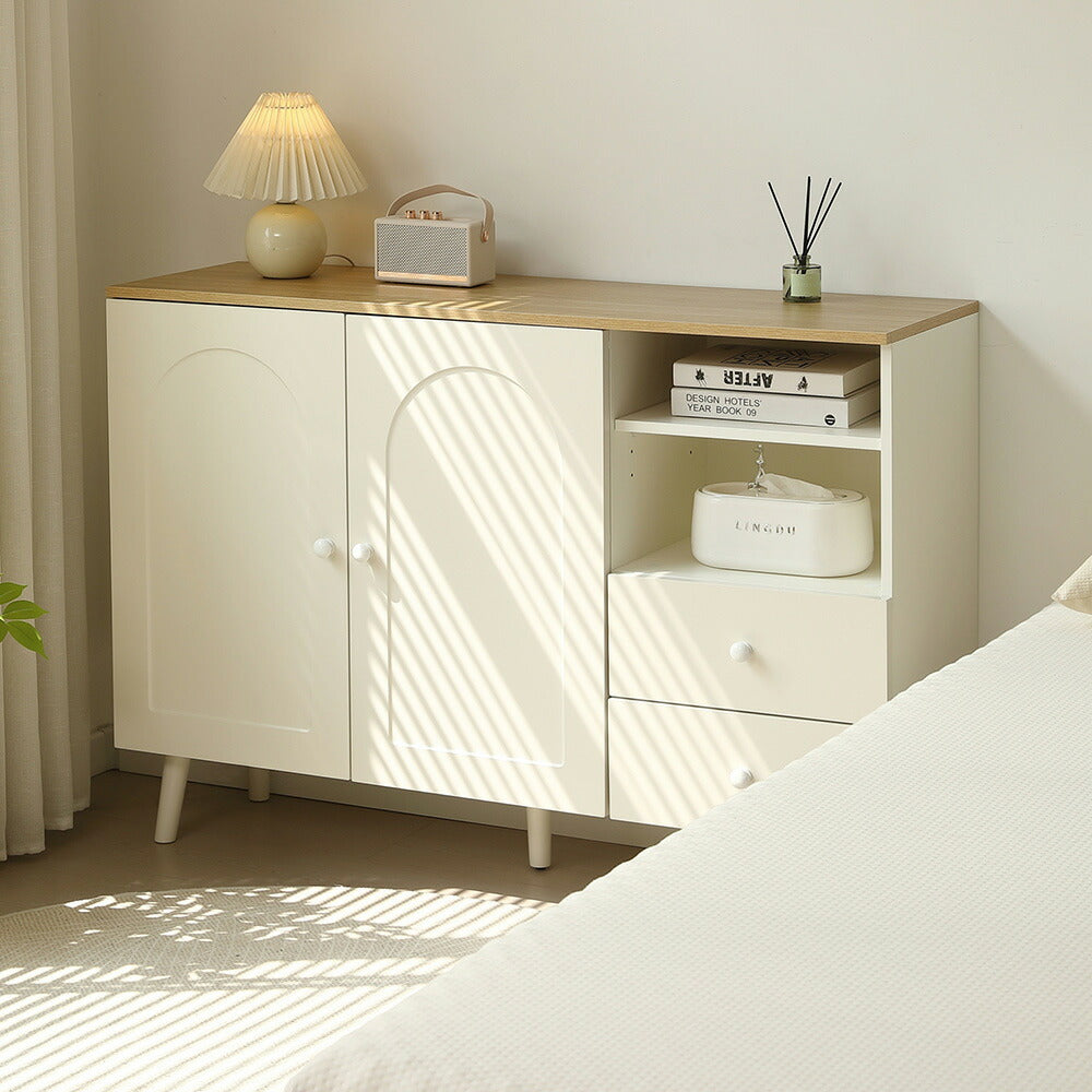 キャビネット サイドボード チェスト 引き出し付き ホワイト アイボリー 白 大容量 収納棚 リビング 収納 モダン 扉付き リビングボード オープン おしゃれ 整理タンス 北欧 韓国風 おしゃれ 寝室 子供部屋 幅118cm 奥行35cm 高さ82cm 2Way仕様天板 可愛い