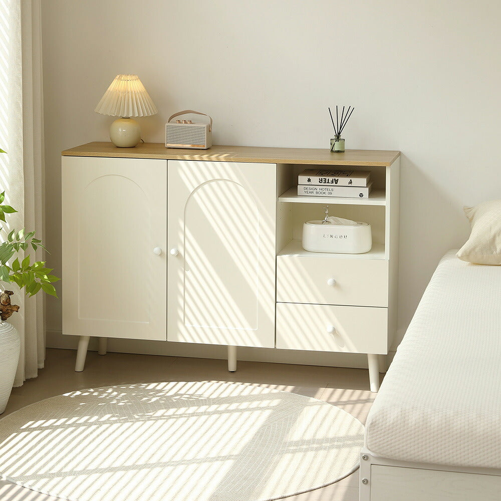 キャビネット サイドボード チェスト 引き出し付き ホワイト アイボリー 白 大容量 収納棚 リビング 収納 モダン 扉付き リビングボード オープン おしゃれ 整理タンス 北欧 韓国風 おしゃれ 寝室 子供部屋 幅118cm 奥行35cm 高さ82cm 2Way仕様天板 可愛い