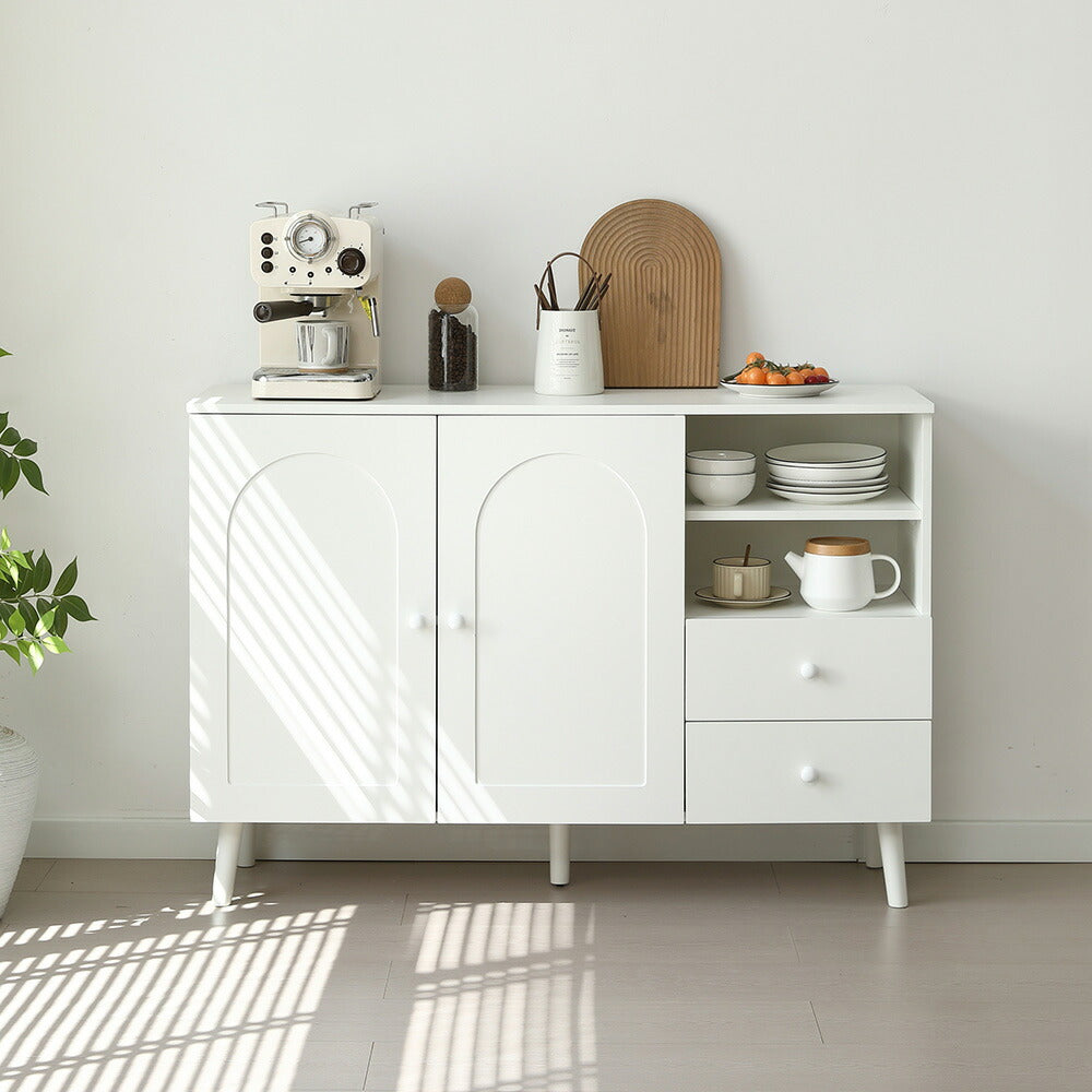 キャビネット サイドボード チェスト 引き出し付き ホワイト アイボリー 白 大容量 収納棚 リビング 収納 モダン 扉付き リビングボード オープン おしゃれ 整理タンス 北欧 韓国風 おしゃれ 寝室 子供部屋 幅118cm 奥行35cm 高さ82cm 2Way仕様天板 可愛い