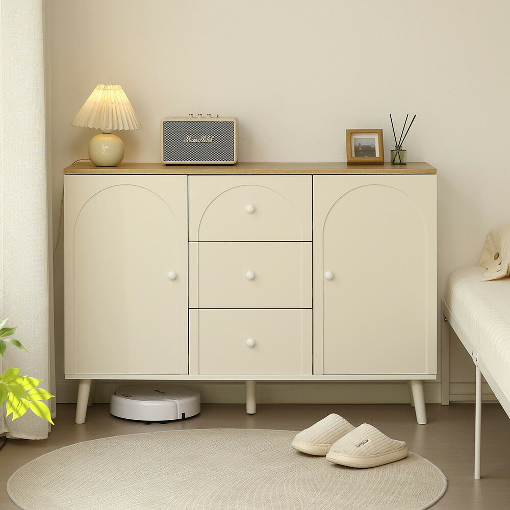 キャビネット サイドボード チェスト 引き出し付き ホワイト アイボリー 白 大容量 収納棚 リビング 収納 モダン 扉付き リビングボード おしゃれ 整理タンス 北欧 韓国風 おしゃれ 寝室 子供部屋 幅118cm 奥行35cm 高さ82cm 2Way仕様天板 可愛い