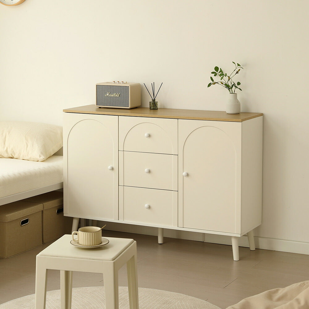キャビネット サイドボード チェスト 引き出し付き ホワイト アイボリー 白 大容量 収納棚 リビング 収納 モダン 扉付き リビングボード おしゃれ 整理タンス 北欧 韓国風 おしゃれ 寝室 子供部屋 幅118cm 奥行35cm 高さ82cm 2Way仕様天板 可愛い