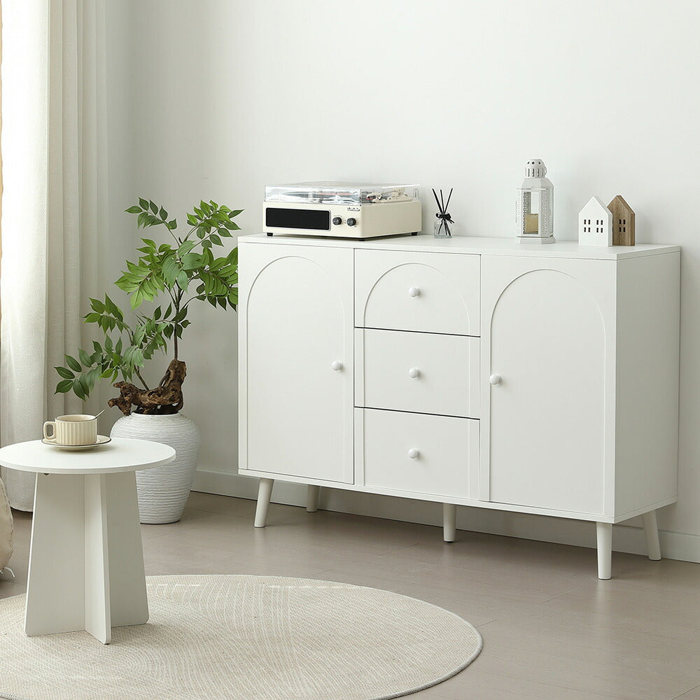 キャビネット サイドボード チェスト 引き出し付き ホワイト アイボリー 白 大容量 収納棚 リビング 収納 モダン 扉付き リビングボード おしゃれ 整理タンス 北欧 韓国風 おしゃれ 寝室 子供部屋 幅118cm 奥行35cm 高さ82cm 2Way仕様天板 可愛い