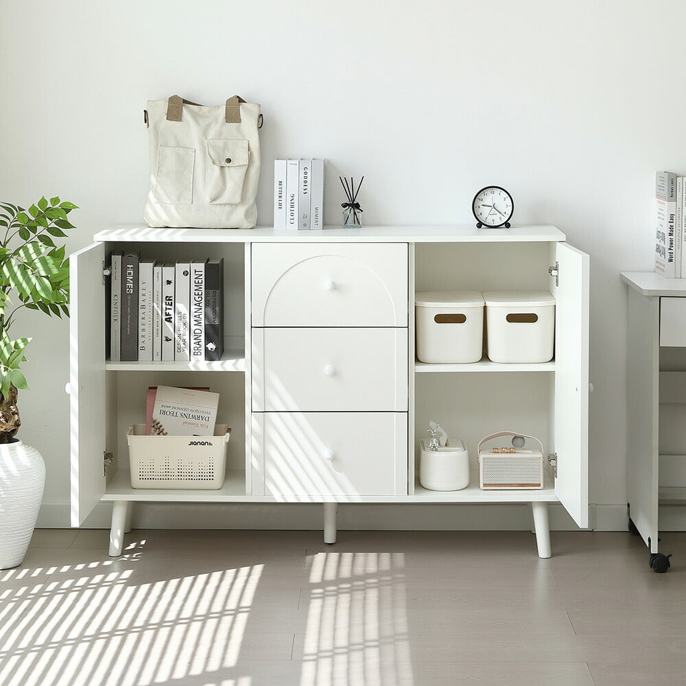 キャビネット サイドボード チェスト 引き出し付き ホワイト アイボリー 白 大容量 収納棚 リビング 収納 モダン 扉付き リビングボード おしゃれ 整理タンス 北欧 韓国風 おしゃれ 寝室 子供部屋 幅118cm 奥行35cm 高さ82cm 2Way仕様天板 可愛い