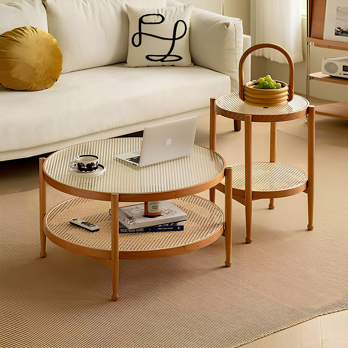 Casaconer | ローテーブル・ガラス・木製・モールガラス・ラタン・おしゃれ・北欧・ナチュラル・シンプル・レトロ調・リビング・収納・80