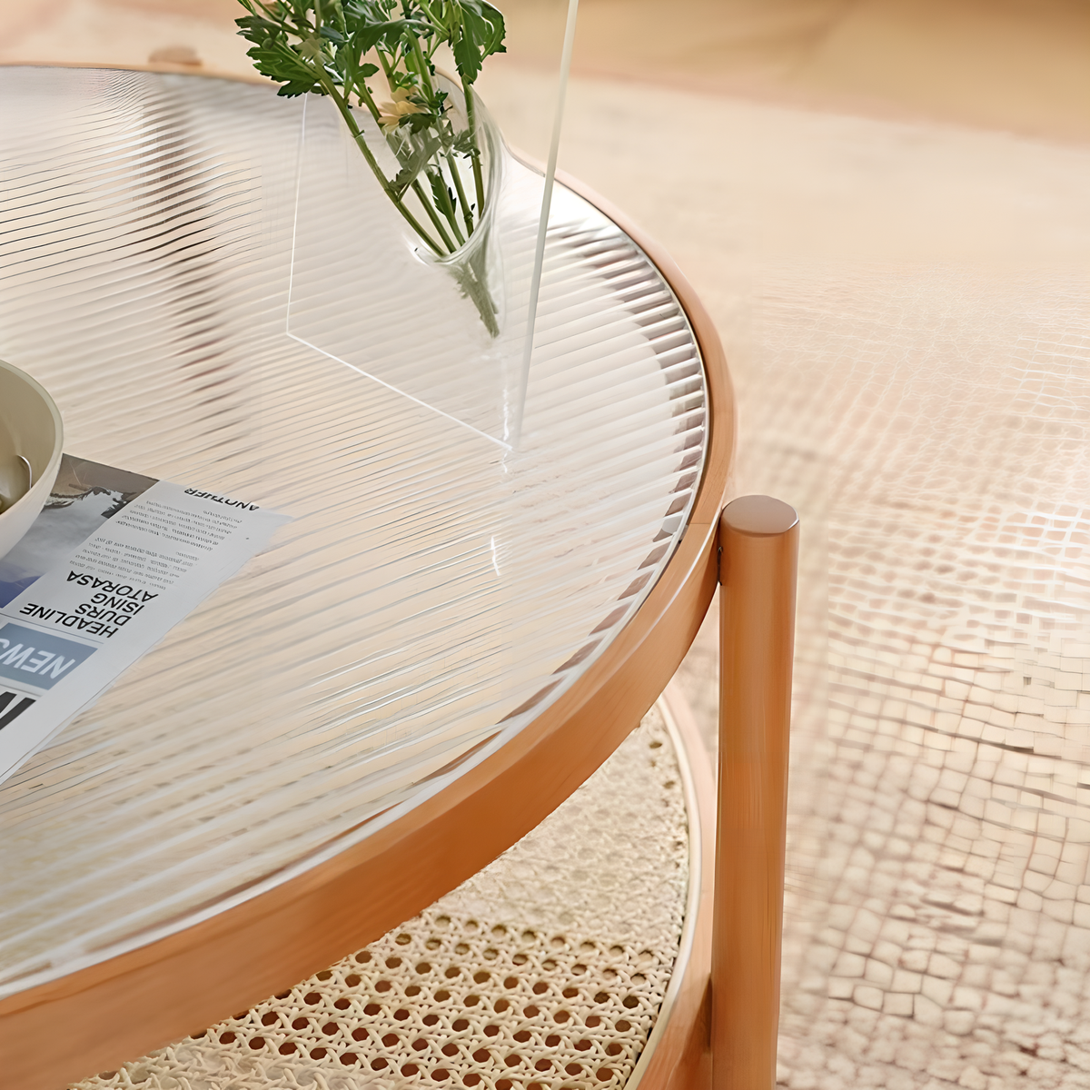 Casaconer | ローテーブル・ガラス・木製・モールガラス・ラタン・おしゃれ・北欧・ナチュラル・シンプル・レトロ調・リビング・収納・80