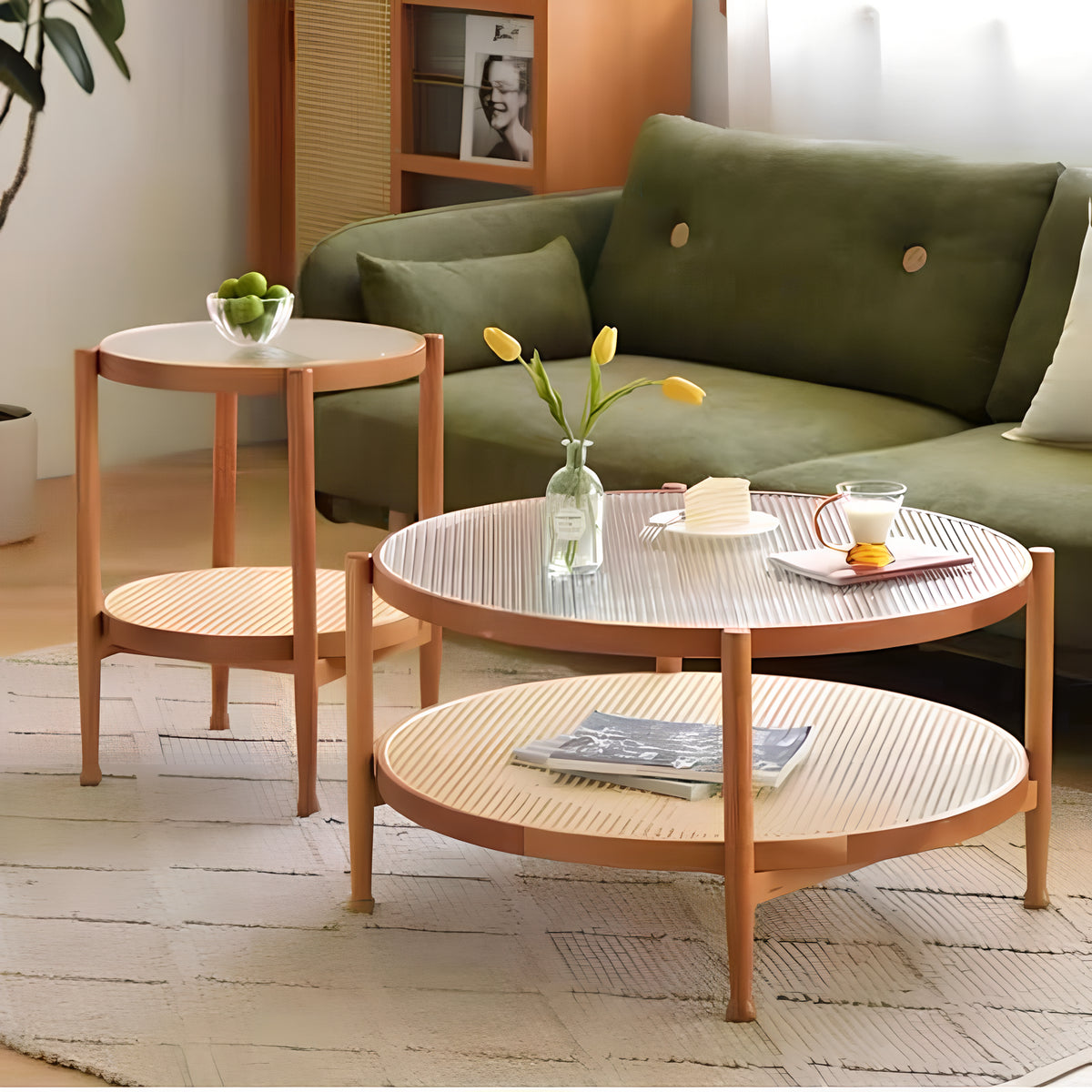 Casaconer | ローテーブル・ガラス・木製・モールガラス・ラタン・おしゃれ・北欧・ナチュラル・シンプル・レトロ調・リビング・収納・80