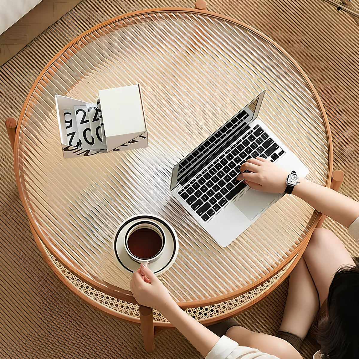 Casaconer | ローテーブル・ガラス・木製・モールガラス・ラタン・おしゃれ・北欧・ナチュラル・シンプル・レトロ調・リビング・収納・80