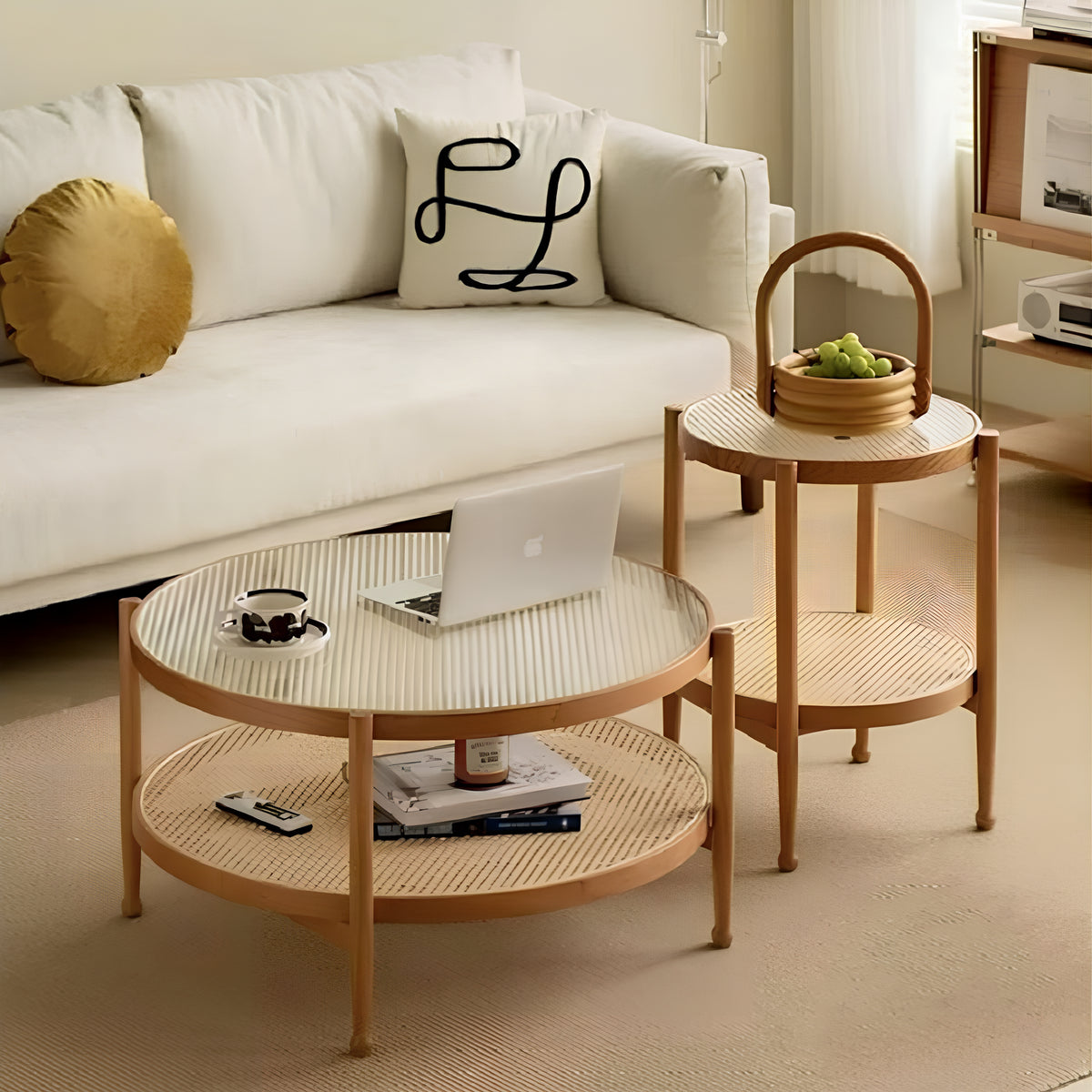 Casaconer | ローテーブル・ガラス・木製・モールガラス・ラタン・おしゃれ・北欧・ナチュラル・シンプル・レトロ調・リビング・収納・80