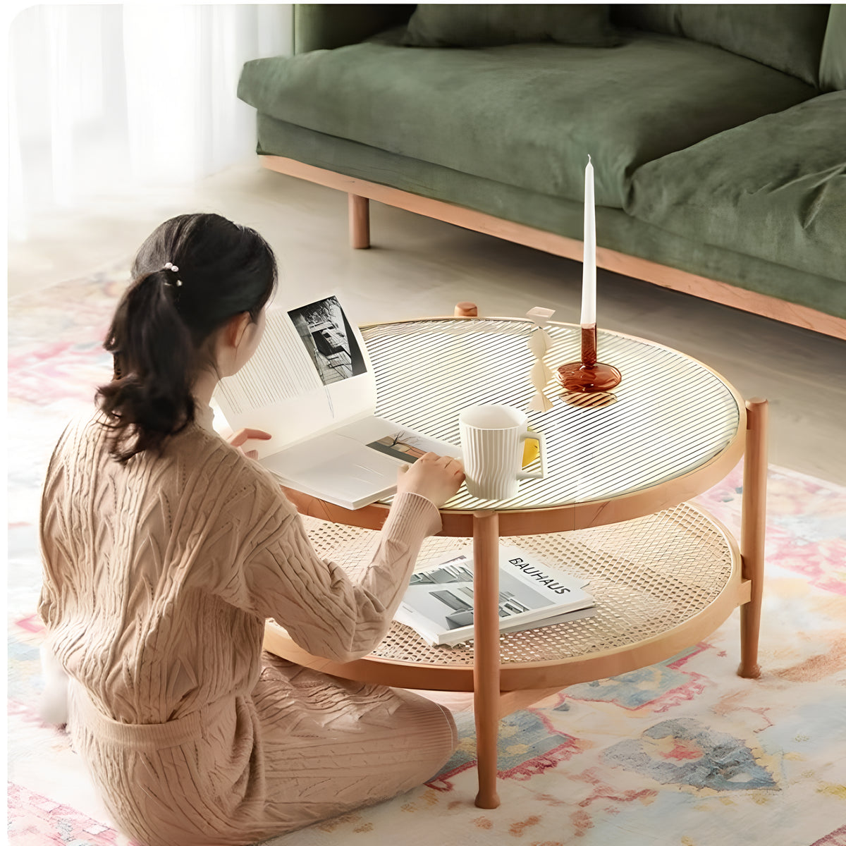 Casaconer | ローテーブル・ガラス・木製・モールガラス・ラタン・おしゃれ・北欧・ナチュラル・シンプル・レトロ調・リビング・収納・80