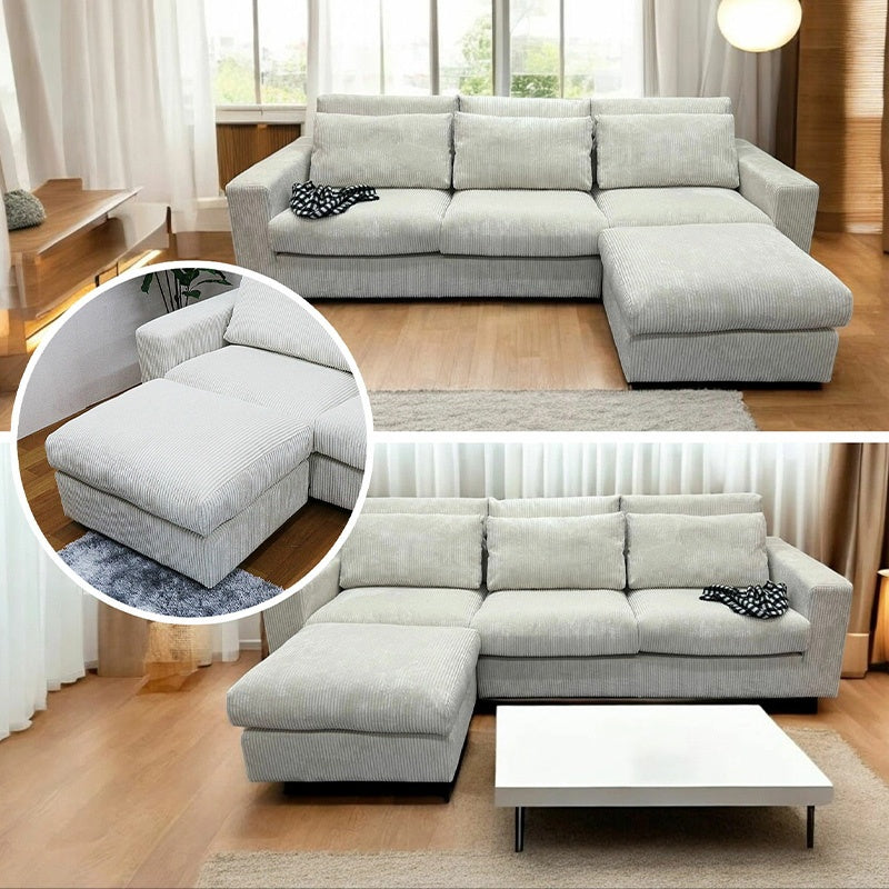 ソファ カウチソファー 大型 幅260cm 大きめ 北欧 おしゃれ ファブリック 布 3人掛け 4人掛け スツール付き シェーズロング l字ソファー クッション付き おすすめ アイボリー コーデュロイ