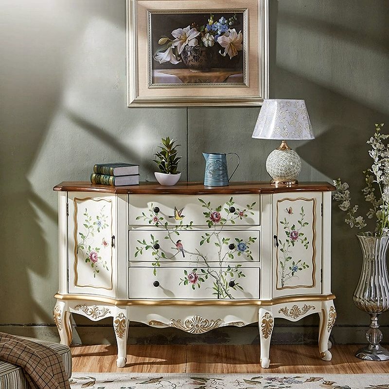Casaconer | キャビネット・ほぼ完成品・脚の取り付けが必要・キッチン収納・姫系・アクセサリー・扉収納・3段引き出し・猫脚デザイン・FAX台・電話台・手描き花鳥模様