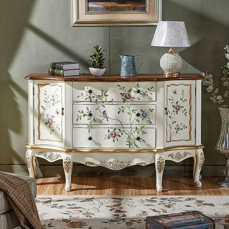 Casaconer | キャビネット・ほぼ完成品・脚の取り付けが必要・キッチン収納・姫系・アクセサリー・扉収納・3段引き出し・猫脚デザイン・FAX台・電話台・手描き花鳥模様