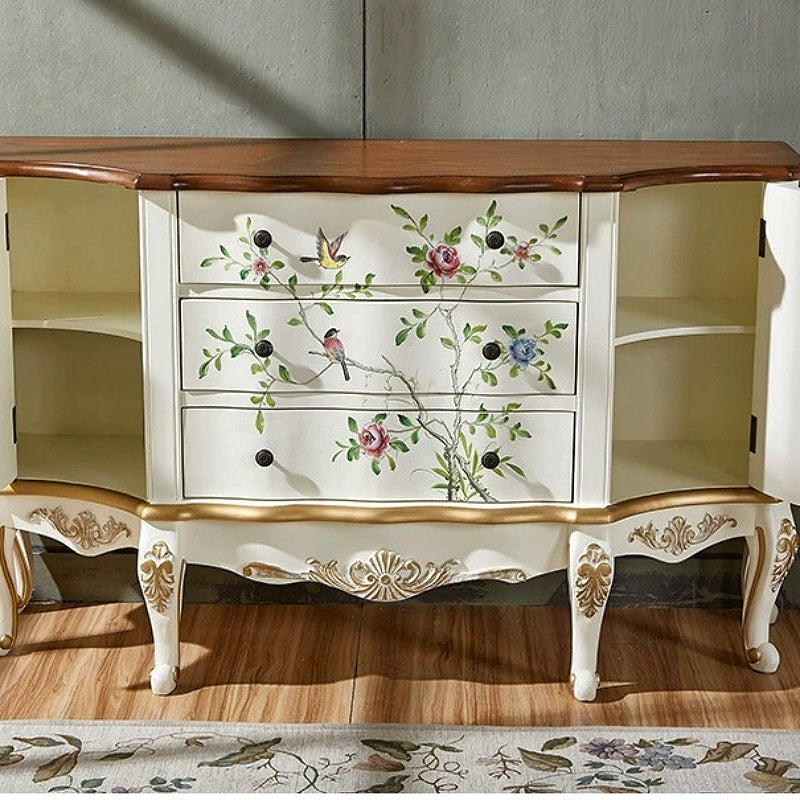 Casaconer | キャビネット・ほぼ完成品・脚の取り付けが必要・キッチン収納・姫系・アクセサリー・扉収納・3段引き出し・猫脚デザイン・FAX台・電話台・手描き花鳥模様
