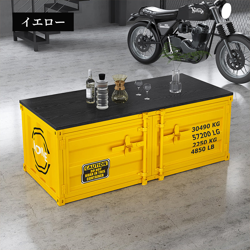 スチール製 収納ローボード ローテーブル インダストリアル コンテナ風 デザイン 収納キャビネット ロータイプ 多目的収納 オフィス イエロー シルバー 幅100cm/140cm おしゃれ