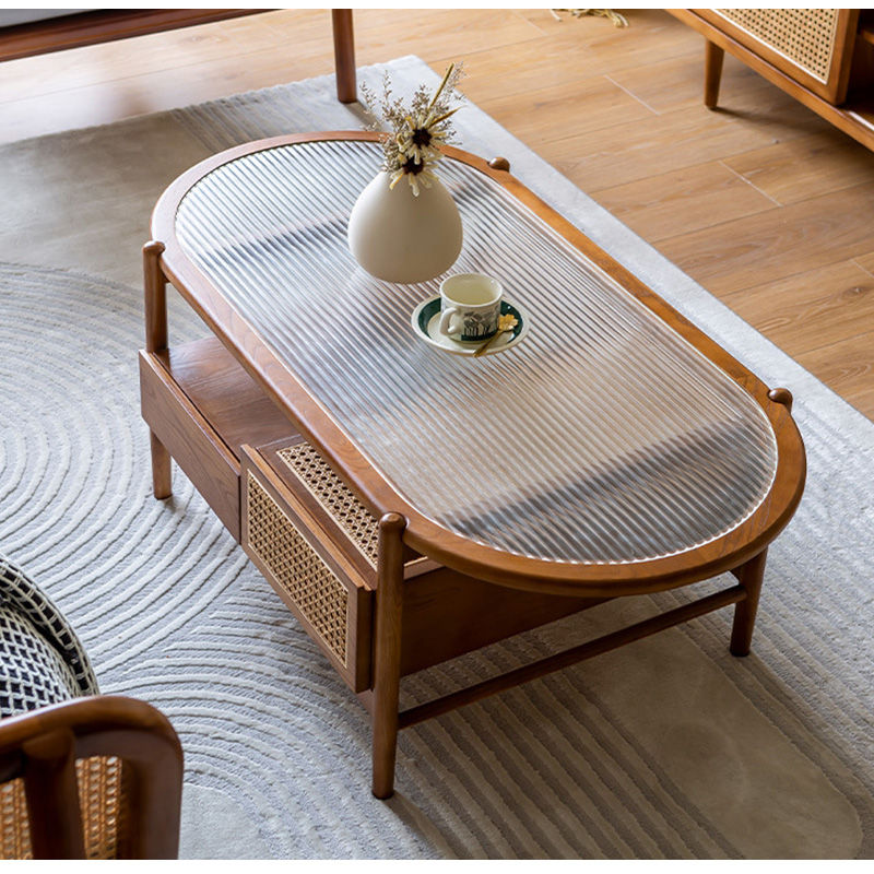 Casaconer | ローテーブル・ガラス・木製・ラタン・おしゃれ・北欧・韓国インテリア・リビング・収納・収納棚・110