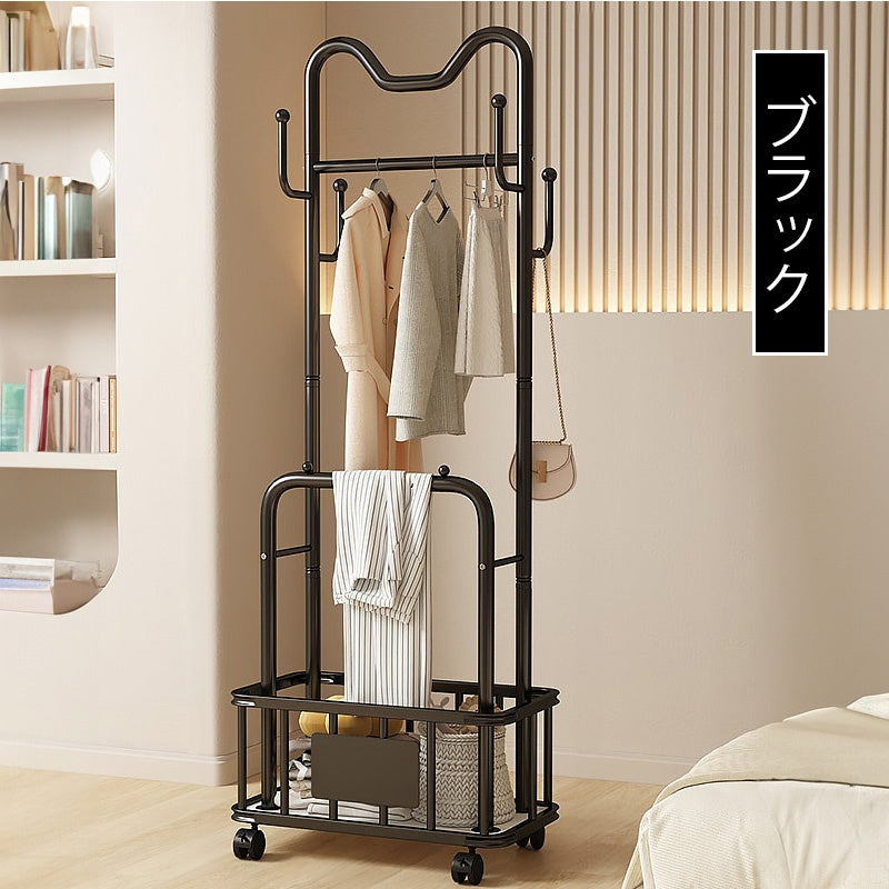 ハンガーラック ダブルバー仕様 幅60cm/80cm スチール製 キャスター付き(ストッパー機能) 収納カゴ付き コートハンガー 洋服掛け 寝室 ベッドサイド ブラック/ホワイト モダン かわいい