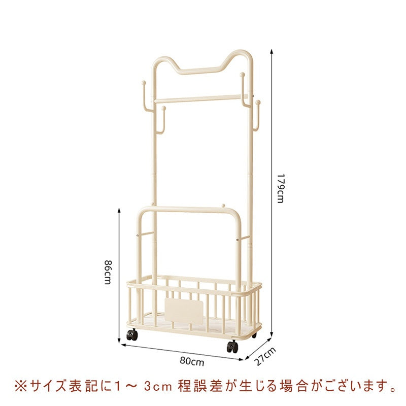 ハンガーラック ダブルバー仕様 幅60cm/80cm スチール製 キャスター付き(ストッパー機能) 収納カゴ付き コートハンガー 洋服掛け 寝室 ベッドサイド ブラック/ホワイト モダン かわいい