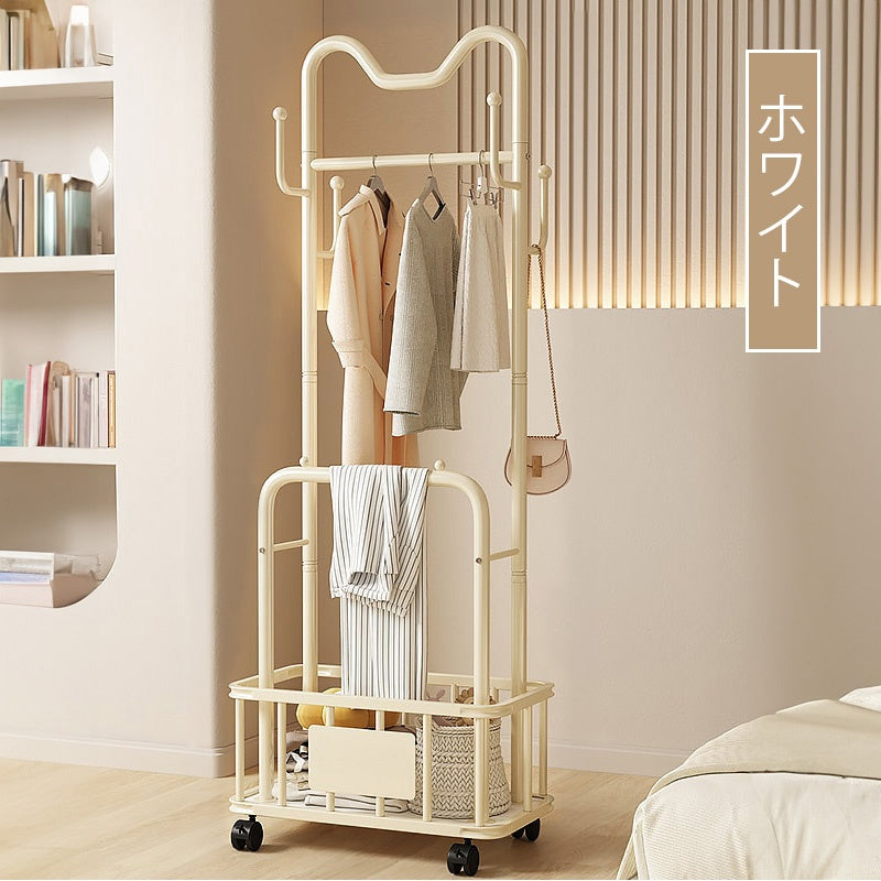 ハンガーラック ダブルバー仕様 幅60cm/80cm スチール製 キャスター付き(ストッパー機能) 収納カゴ付き コートハンガー 洋服掛け 寝室 ベッドサイド ブラック/ホワイト モダン かわいい