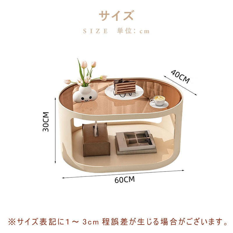 完成品 スチール製 ローテーブル 楕円形 幅60cm 強化ガラス天板 かわいい 小型テーブル たたみ 窓際テーブル ベッドサイド ミニテーブル 飾り台 収納スペース付き ホワイト シンプル モダン