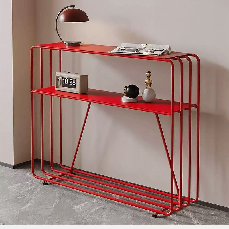 スチール製 玄関テーブル 幅80cm/100cm 完成品 コンソールテーブル 2段 玄関収納 壁寄せ 置物ラック リビング飾り棚 レッド/グレー おしゃれ シンプルデザイン