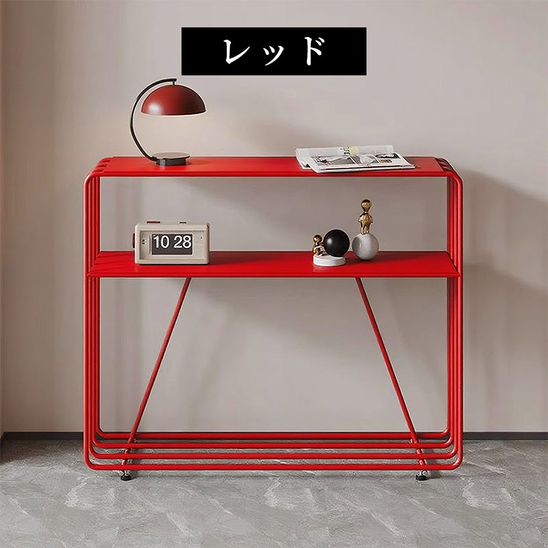 スチール製 玄関テーブル 幅80cm/100cm 完成品 コンソールテーブル 2段 玄関収納 壁寄せ 置物ラック リビング飾り棚 レッド/グレー おしゃれ シンプルデザイン