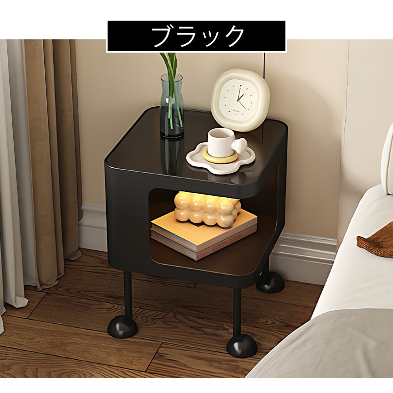 脚の取り付けが必要 金属製 ナイトテーブル スチール 幅35cm ガラス天板 ベッドサイドテーブル ソファ横テーブル 収納ラック サイドテーブル 白 ホワイト White 黒 ブラック Black 寝室向け シンプル モダン 省スペース 小型 家具