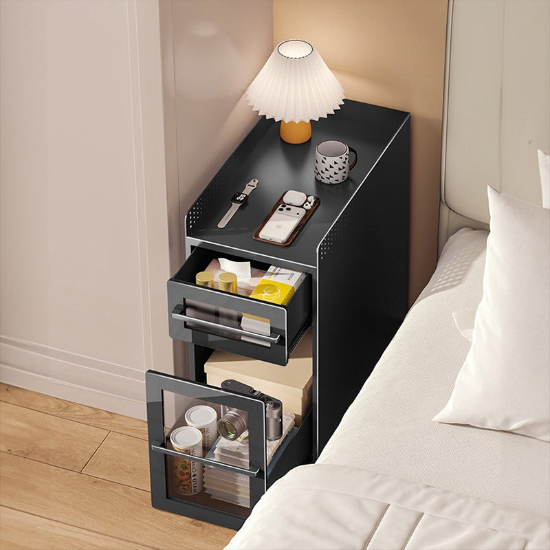 完成品 金属製 ナイトテーブル スチール 幅25cm 省スペース 寝室用 ベッドサイドテーブル サイドキャビネット 収納ラック サイドボード ブラック 一段引き出し/二段引き出し コンパクト